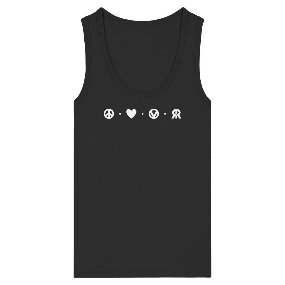 Vegan und Bio Ladies Tank Top: Peace - Love - Veganism - RUDE REBEL, schwarzes ärmelloses Top mit Frieden, Herz, veganem Logo und rebellischem Symbol aus Bio-Baumwolle.