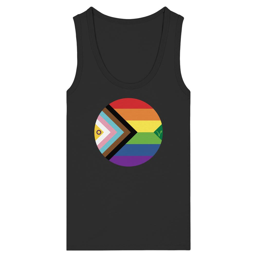 Damen-Tanktop in Schwarz mit Regenbogen-Pfeil-Print vorn