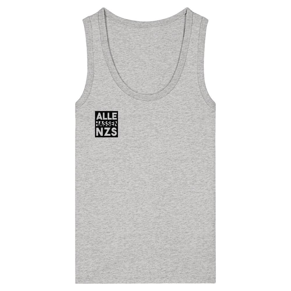 Vegan und Bio Ladies Tank Top: ALLE HASSEN NZS! Graues, ärmelloses Shirt mit kleinem, schwarzen Quadrat und weißem Schriftzug auf der Brust. Hergestellt aus 100% Bio-Baumwolle.