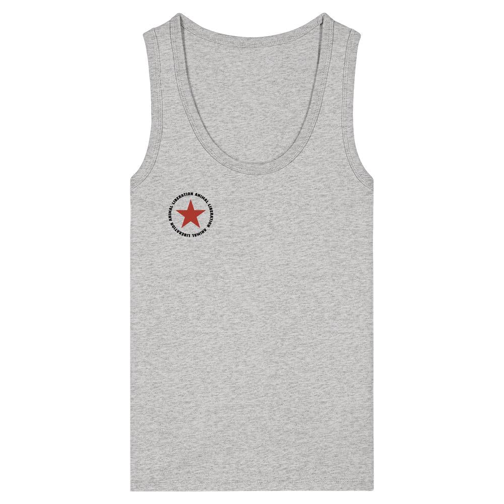 Vegan und Bio Ladies Tank Top: Red Star - Animal Liberation, ärmelloses graues Oberteil mit rotem Stern-Logo, aus 100% Bio-Baumwolle, eng anliegendem Schnitt.