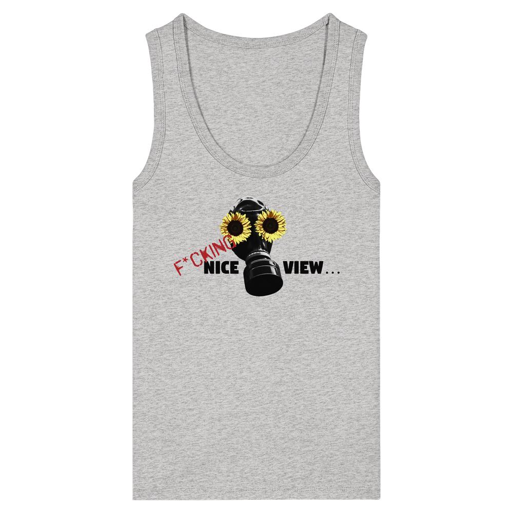 Vegan und Bio Ladies Tank Top: Sunflower Mask - F*cking nice view... mit einem grafischen Gasmasken-Design und Sonnenblumen-Augen, ärmelloser Schnitt, aus 100% Bio-Baumwolle.
