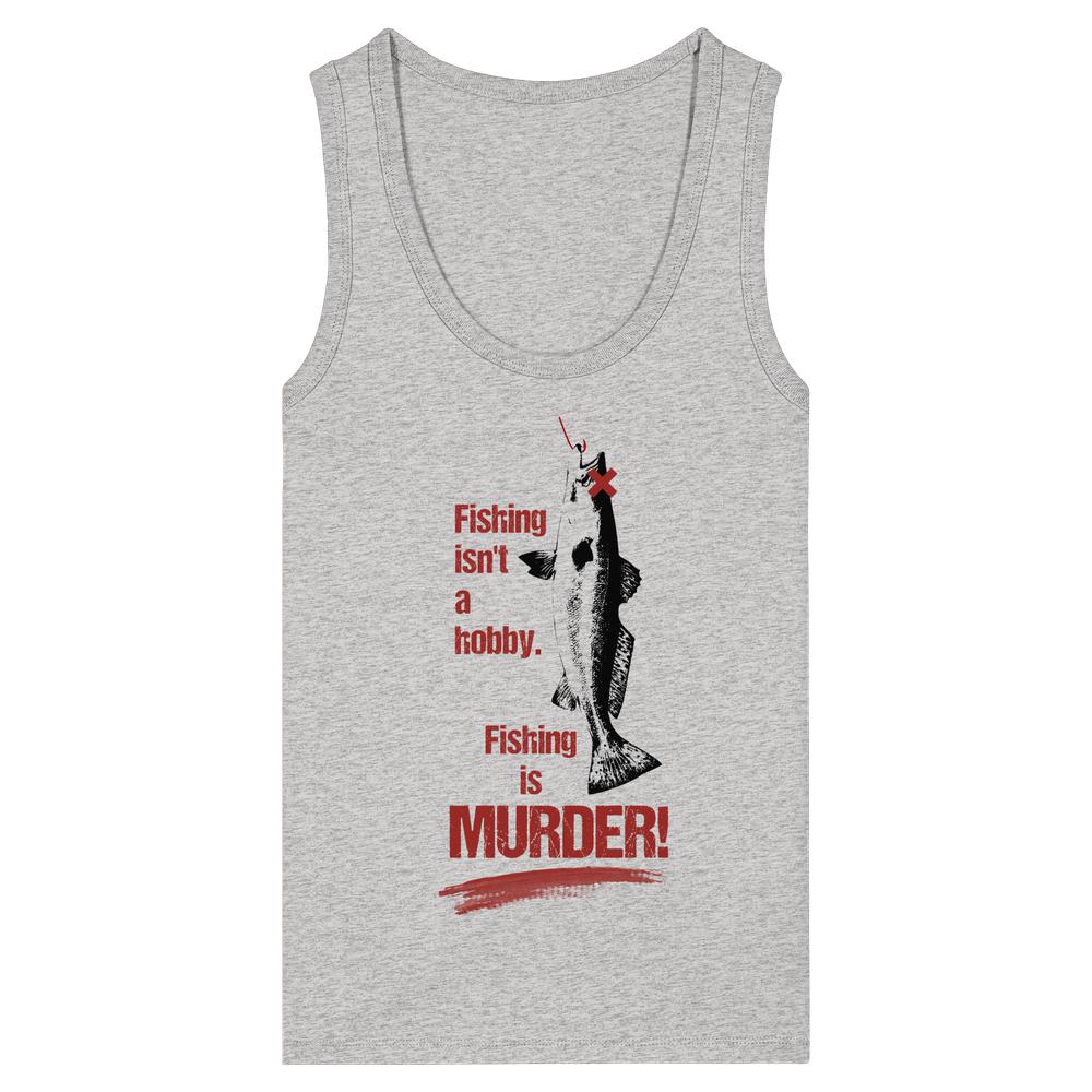 Grau meliertes Damen-Trägershirt, U-Ausschnitt, Frontprint „Fishing is MURDER!“