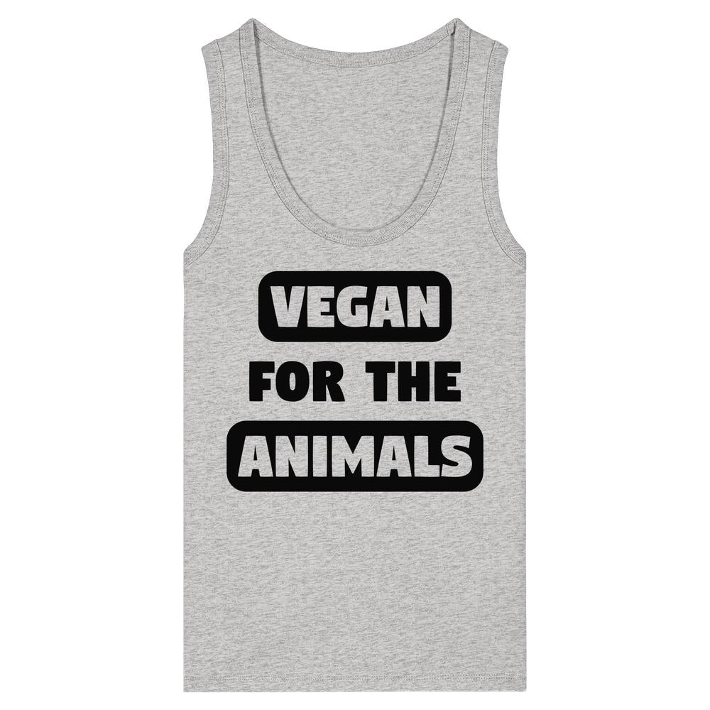 Damenträgershirt meliert grau, Rundhalsausschnitt, Aufdruck „VEGAN FOR THE ANIMALS“