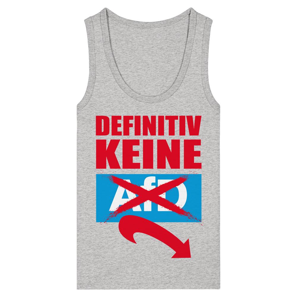 Ärmelloses Tanktop mit DEFINITIV KEINE AfD Slogan, rotem Pfeil, aus 100% Bio-Baumwolle, betont Position gegen rechte Politik. Enganliegend, von RUDE REBEL.