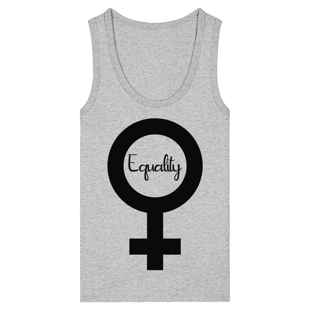 Ärmelloses, eng anliegendes, hellgraues Tanktop mit großem, schwarzen Venus-Symbol und Equality-Schriftzug. Hergestellt aus 100% Bio-Baumwolle.