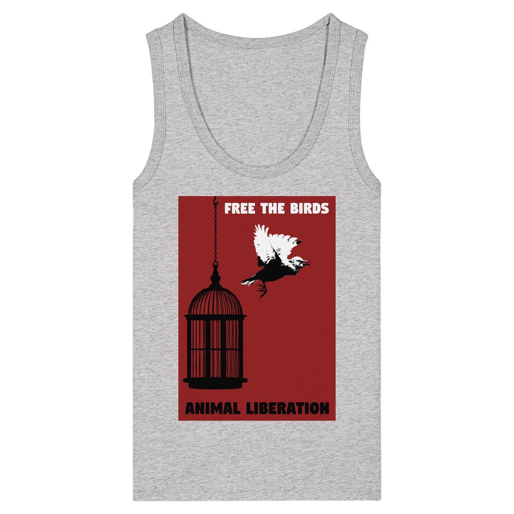 Damen Tank Top Free the birds - Animal Liberation aus Bio-Baumwolle, mit rotem Grafikpanel und aufgedrucktem Vogelkäfig, fliegendem Vogel und Befreiungsslogan.