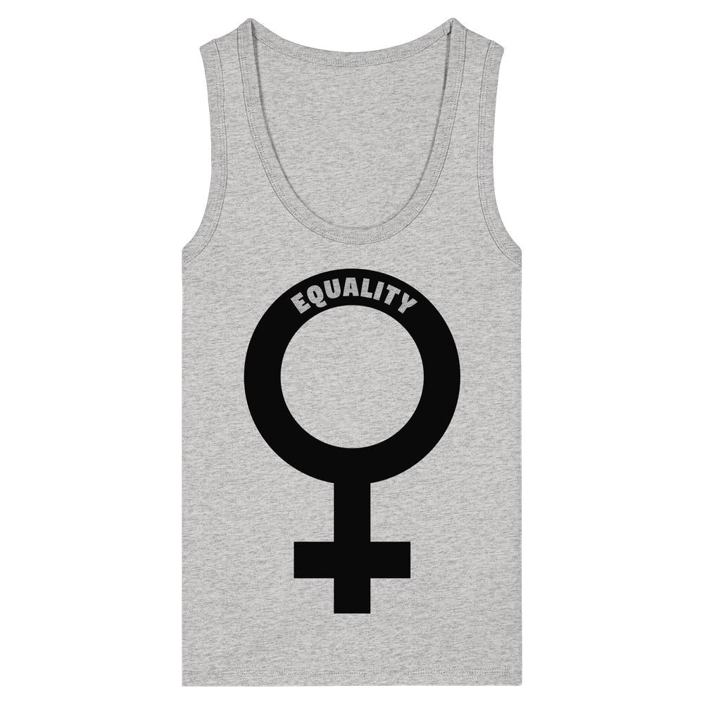 Heather-graues Tanktop mit großem, schwarzen Venussymbol und EQUALITY Schriftzug, aus Bio-Baumwolle, betont feministische Botschaft, von RUDE REBEL.