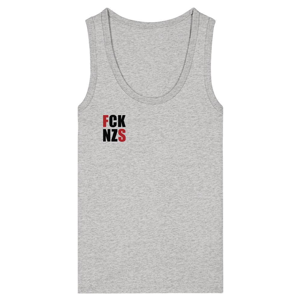 Vegan und Bio Ladies Tank Top: FCK NZS mit roten Highlights, enganliegend, aus 100% Bio-Baumwolle, ärmellos, mit rebellischem Slogan auf der Brust.