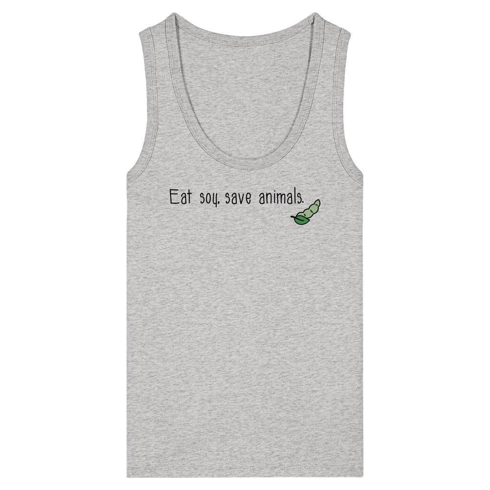 Damen-Tanktop ärmellos, grau meliert mit Aufdruck „Eat soy, save animals“ und grünem Tiermotiv