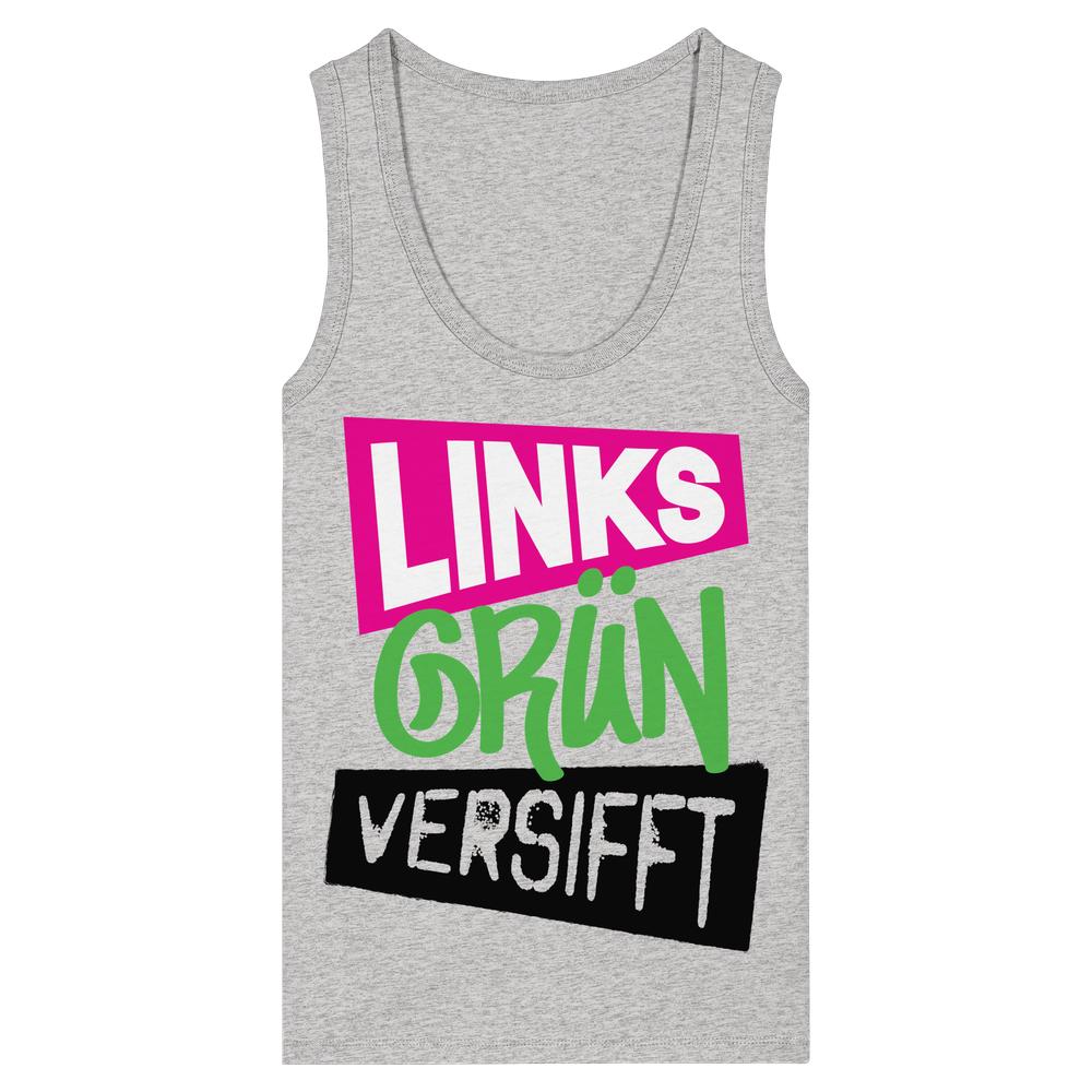 Damen-Top ohne Ärmel, grau meliert, großer Schriftzug „LINKS GRÜN VERSIFFT“