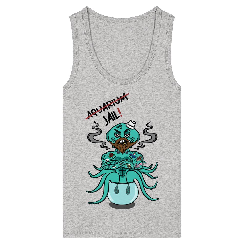 Grau meliertes Damen-Trägershirt mit Meerestier-Grafikprint und Schriftzug „Aquarium=Jail!“
