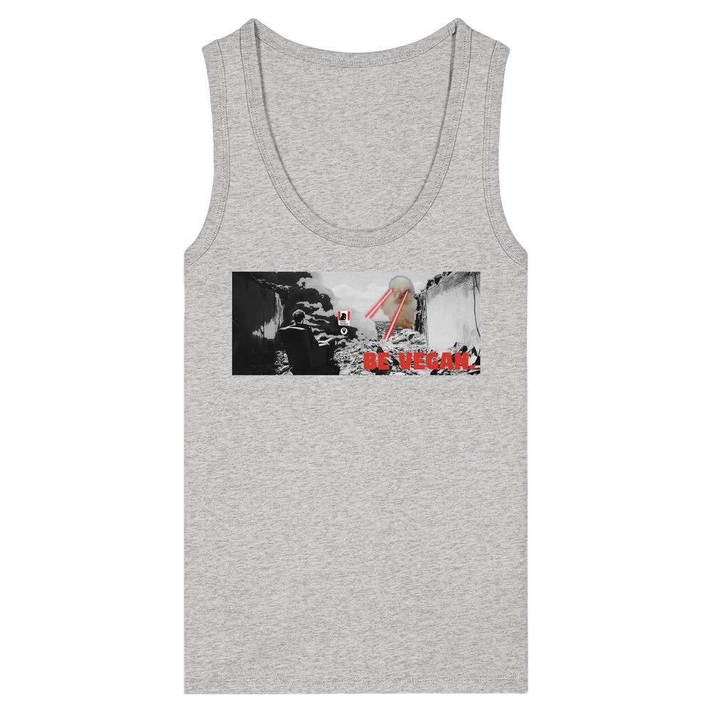 Vegan und Bio Ladies Tank-Top BE VEGAN. - Angry bird: Graues Tanktop mit post-apokalyptischem Motiv und Slogan BE VEGAN!, aus 100% Bio-Baumwolle, rebellisches Design von RUDE REBEL.