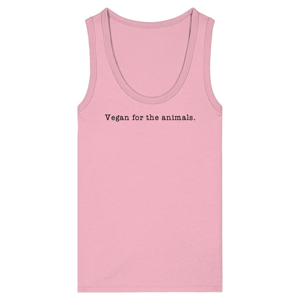 Hellrosa Damen-Tanktop, ärmellos, mit Rundhalsausschnitt und Schriftzug „Vegan for the animals.“