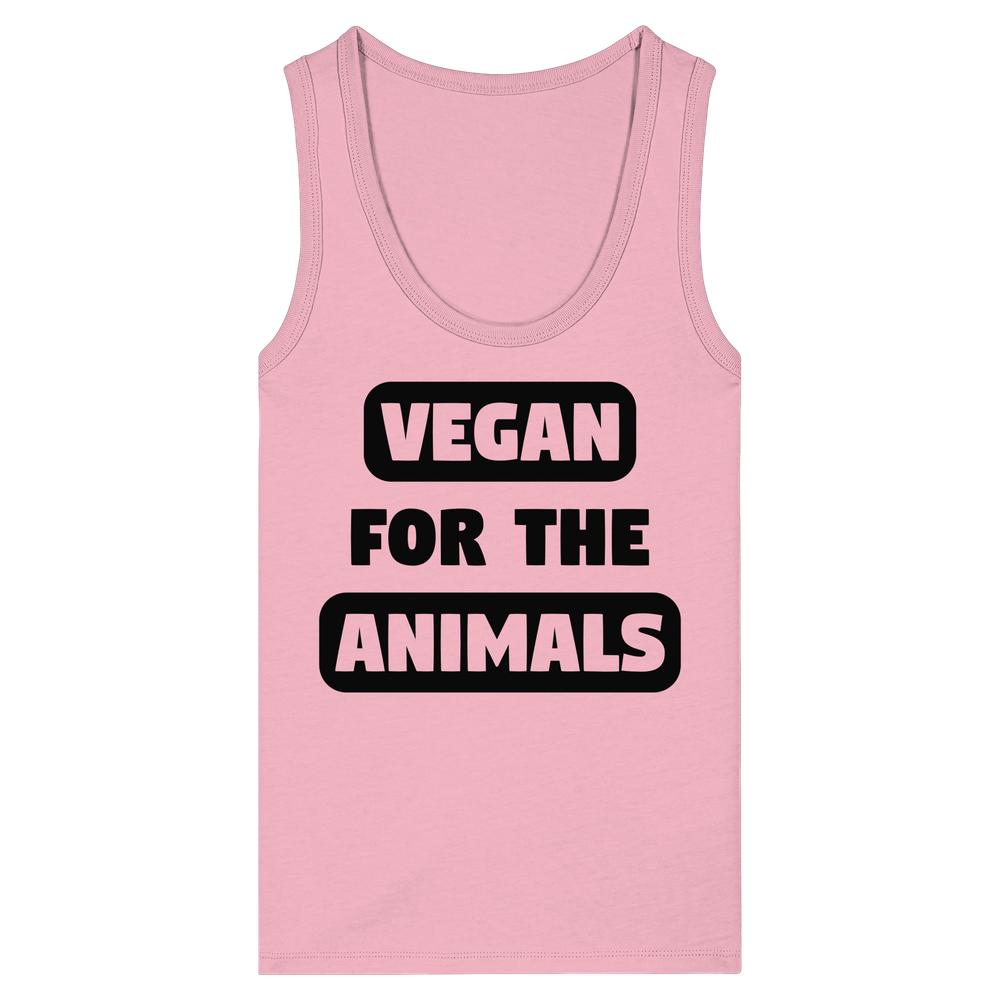 Damenträgershirt rosa, Rundhalsausschnitt, Aufdruck „VEGAN FOR THE ANIMALS“