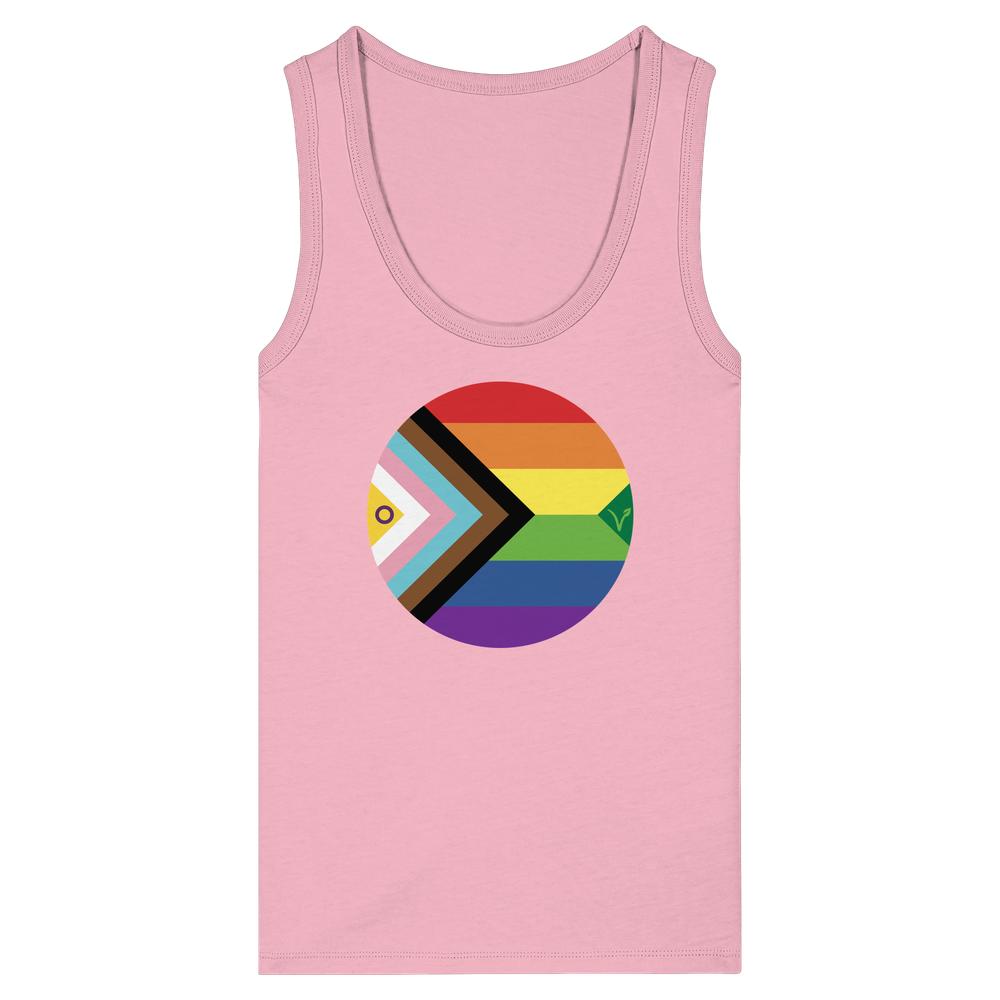 Vegan und Bio Ladies Tank Top: LGBTQAI+ Veganismus, ärmelloses Shirt mit Pride-Flaggen-Grafik und veganem V, aus 100% Bio-Baumwolle, von RUDE REBEL.