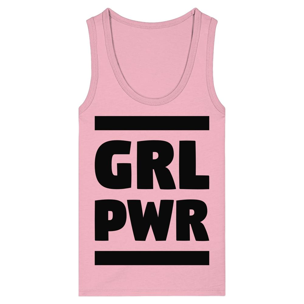 Vegan und Bio Ladies Tank Top in Hellrosa mit der Aufschrift GRL PWR in Schwarz, betont mit schwarzen Balken. Feministische Message, aus 100% Bio-Baumwolle.