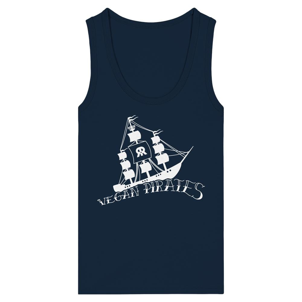Damentanktop dunkelblau mit Piratendruck und Schriftzug „Vegan Pirates“