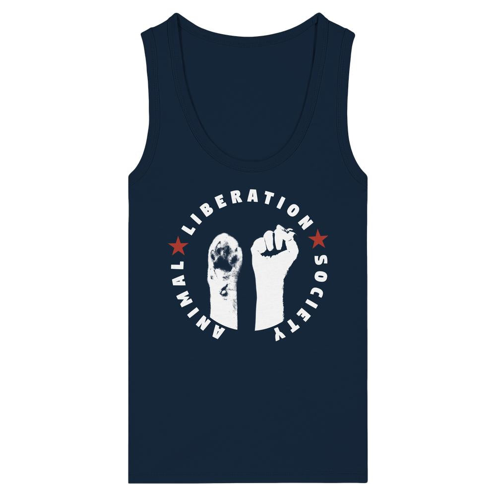 Damen Tank Top aus Bio-Baumwolle mit Raise paw and fist for Animal Liberation! Design: Tierpfote und Menschenfaust Symbol in Kreis, betont Tierrechte.