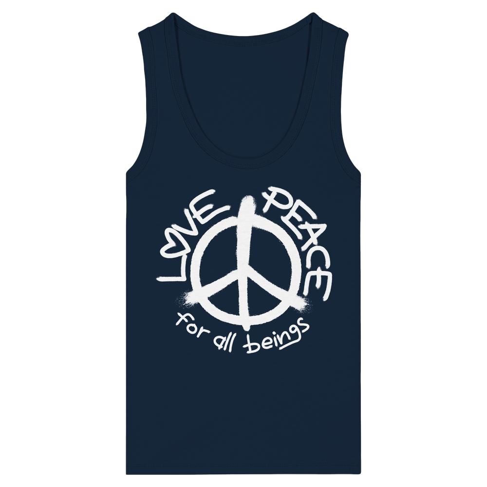 Vegan und Bio Ladies Tank Top: LOVE and PEACE for all beings, mit handgesprühtem Friedenssymbol und Botschaften, aus 100% Bio-Baumwolle, ärmellos und enganliegend.