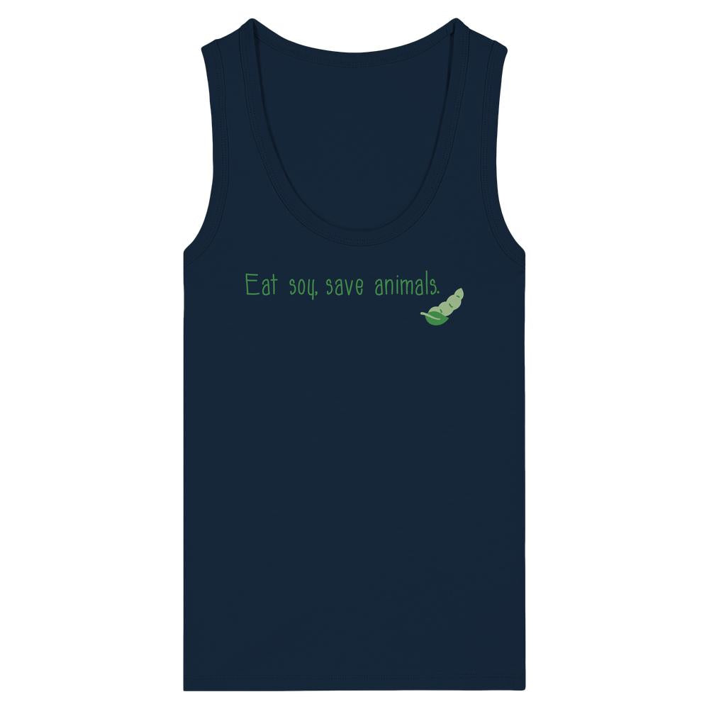 Dunkelblaues ärmelloses Tanktop mit dem Slogan „Eat soy, save animals.“ und Sojabohnen-Grafik, aus 100% Bio-Baumwolle, eng anliegend, für vegane und nachhaltige Mode.