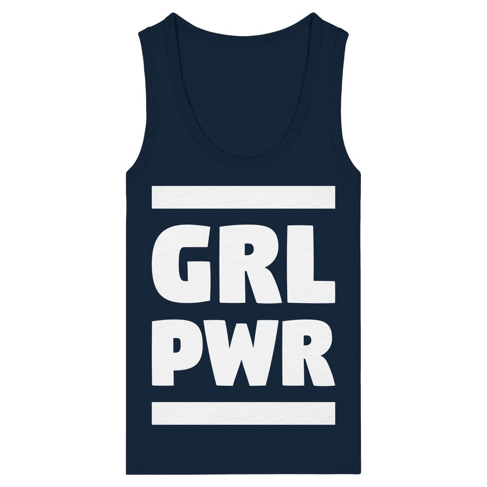 Damen-Tanktop in French Navy mit Aufdruck „GRL PWR“ in Weiß/Schwarz und weißen Streifen