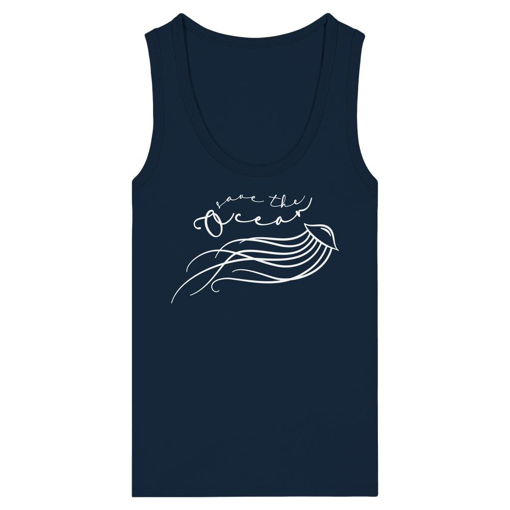 Damen Tank Top Jellyfish - Save the Ocean, navy, ärmellos, minimalistischer Quallen-Print mit Slogan, aus 100% Bio-Baumwolle, betont Naturschutz.