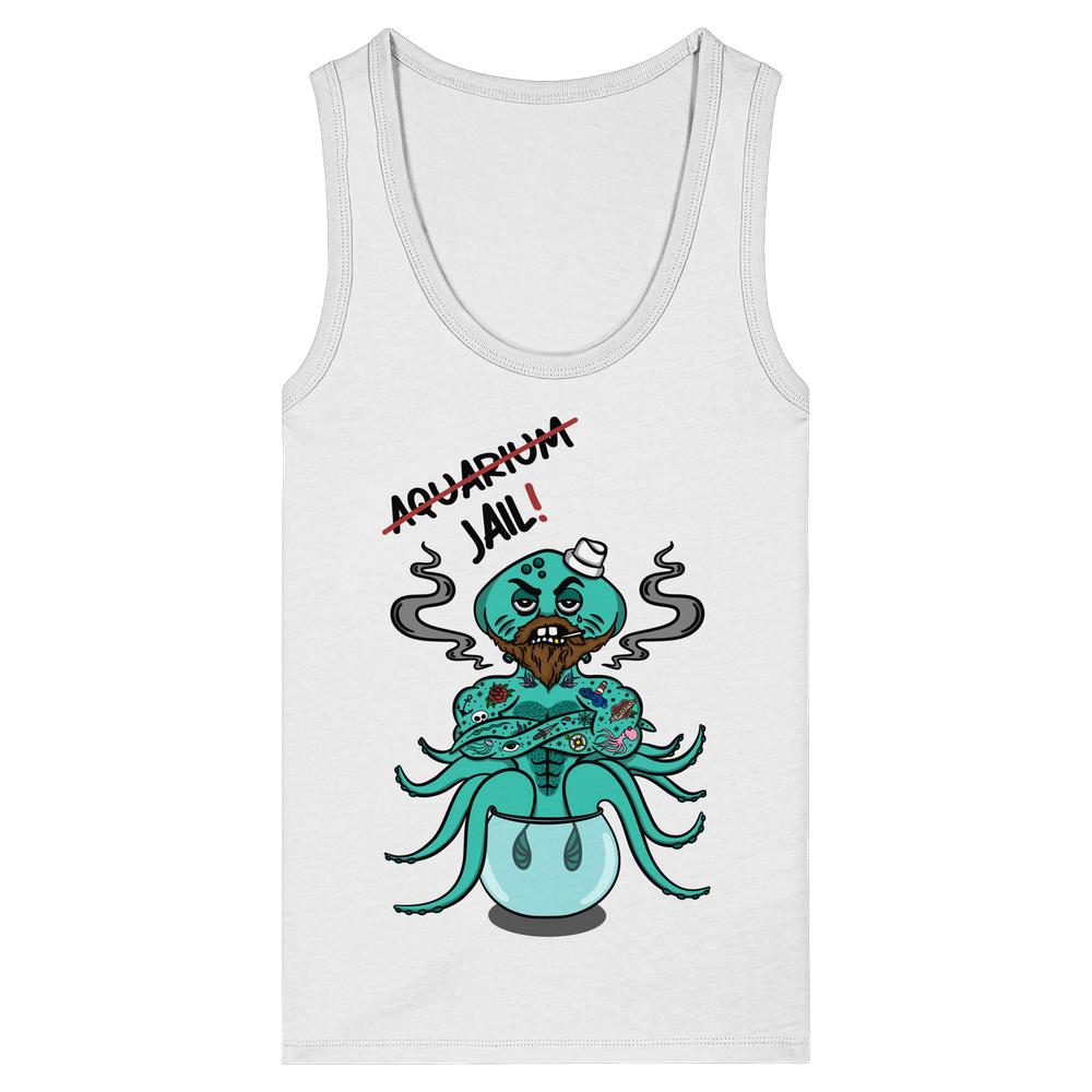 Weißes Damen-Trägershirt mit Meerestier-Grafikprint und Schriftzug „Aquarium=Jail!“