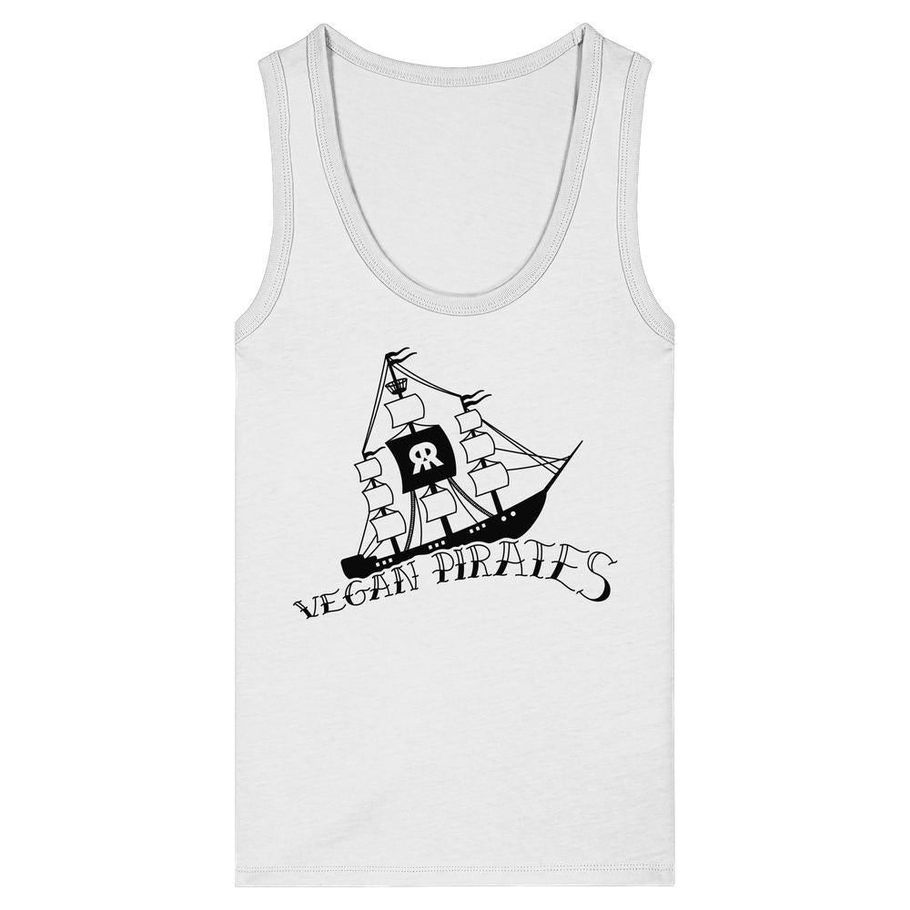 Damentanktop weiß mit Piratendruck und Schriftzug „Vegan Pirates“