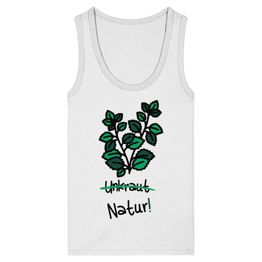 Damen-Trägershirt in Weiß mit Pflanzenmotiv und Aufschrift „Natur!“