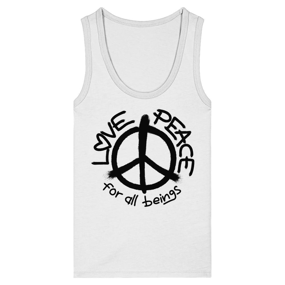 Damen-Tanktop in Weiß mit Peace-Zeichen und „for all beings“ Aufdruck.