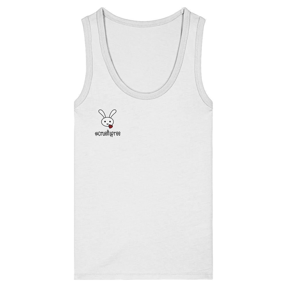 Weißes Tanktop mit engem Schnitt, zeigt ein Cartoon-Hasenkopf mit Herz und #crueltyfree Text. Hergestellt aus 100% Bio-Baumwolle.
