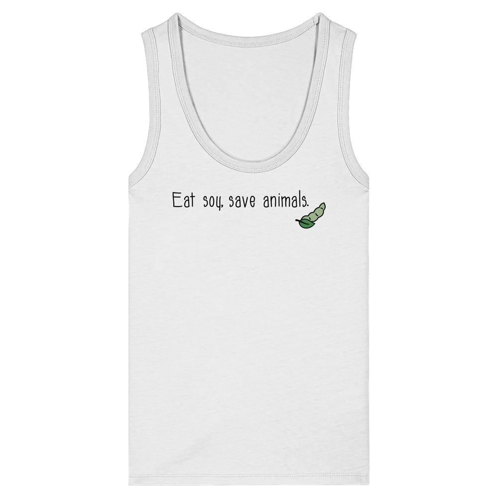 Damen-Tanktop ärmellos, weiß mit Aufdruck „Eat soy, save animals“ und grünem Tiermotiv