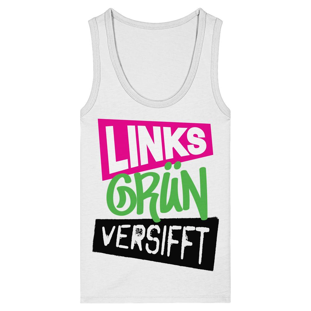 Damen-Top ohne Ärmel, weiß, großer Schriftzug „LINKS GRÜN VERSIFFT“