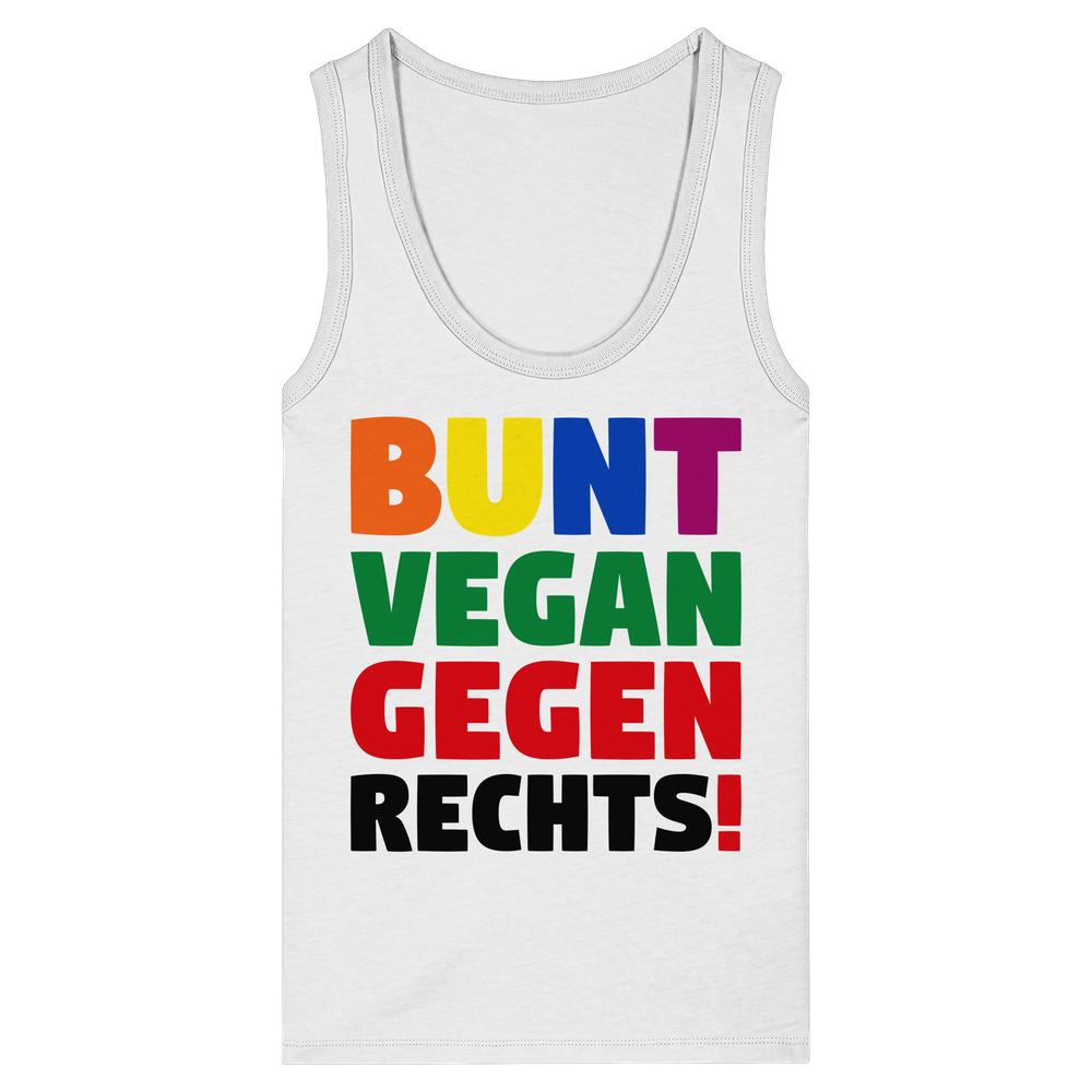 Damen-Tanktop weiß mit Aufdruck „BUNT VEGAN GEGEN RECHTS!“