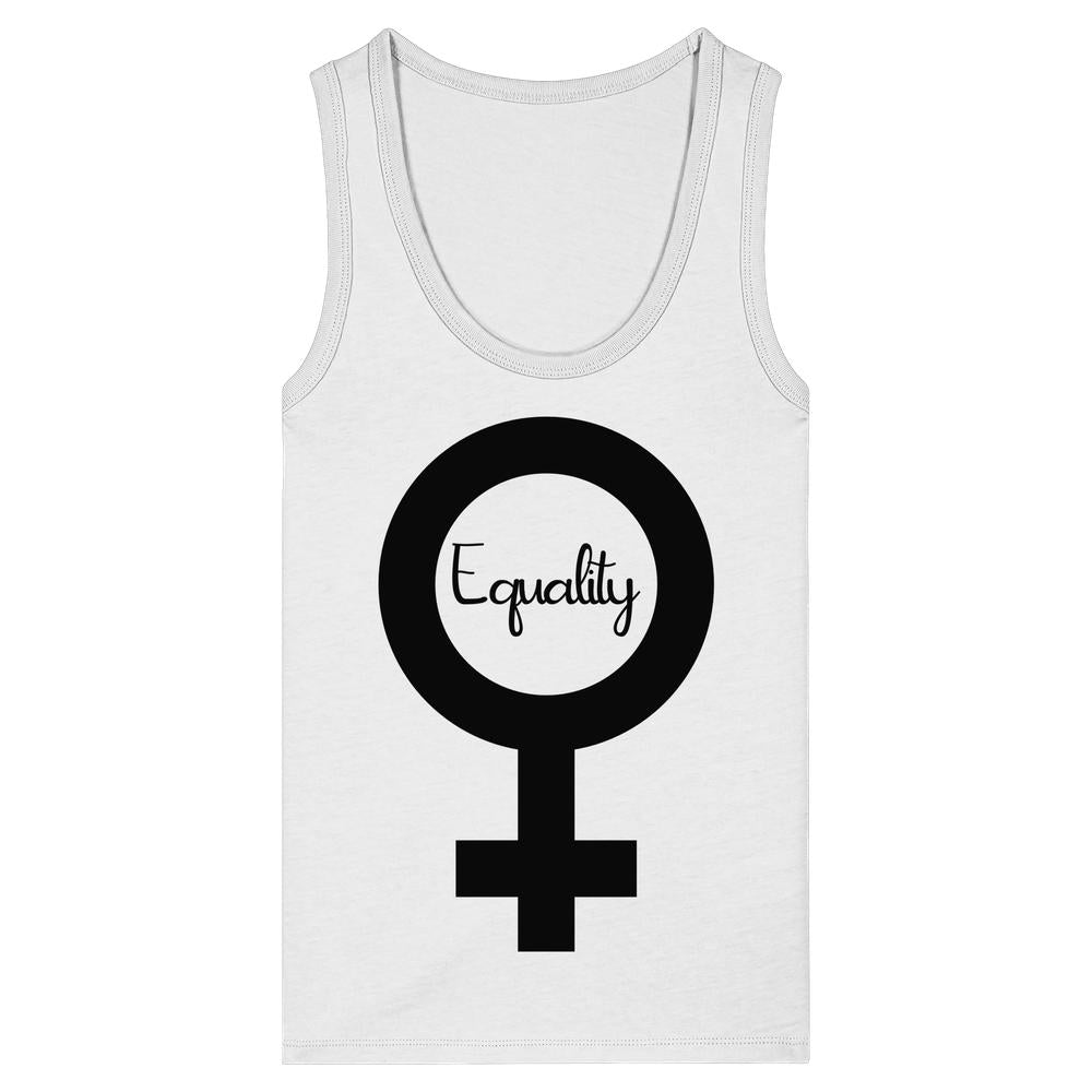 Damen-Tanktop, weiß, U-Ausschnitt, Print „Equality“ im Kreis mit Frauen-Symbol
