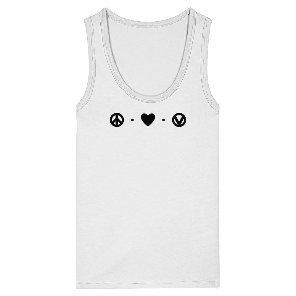 Damen-Tanktop, weiß, ärmellos mit Friedenssymbol- und Herz-Print vorn