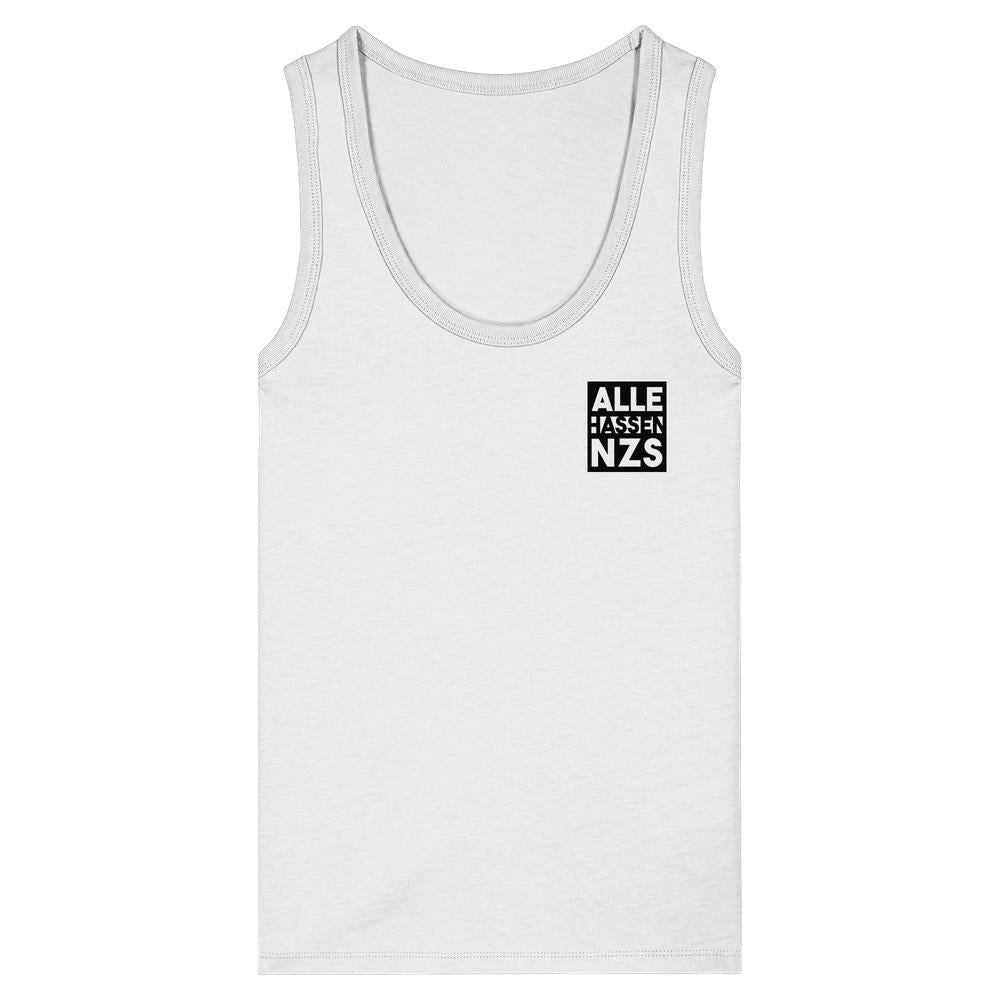 Bio-Damen-Trägershirt weiß, Rundhals, Frontprint „ALLE HASSEN NZS“