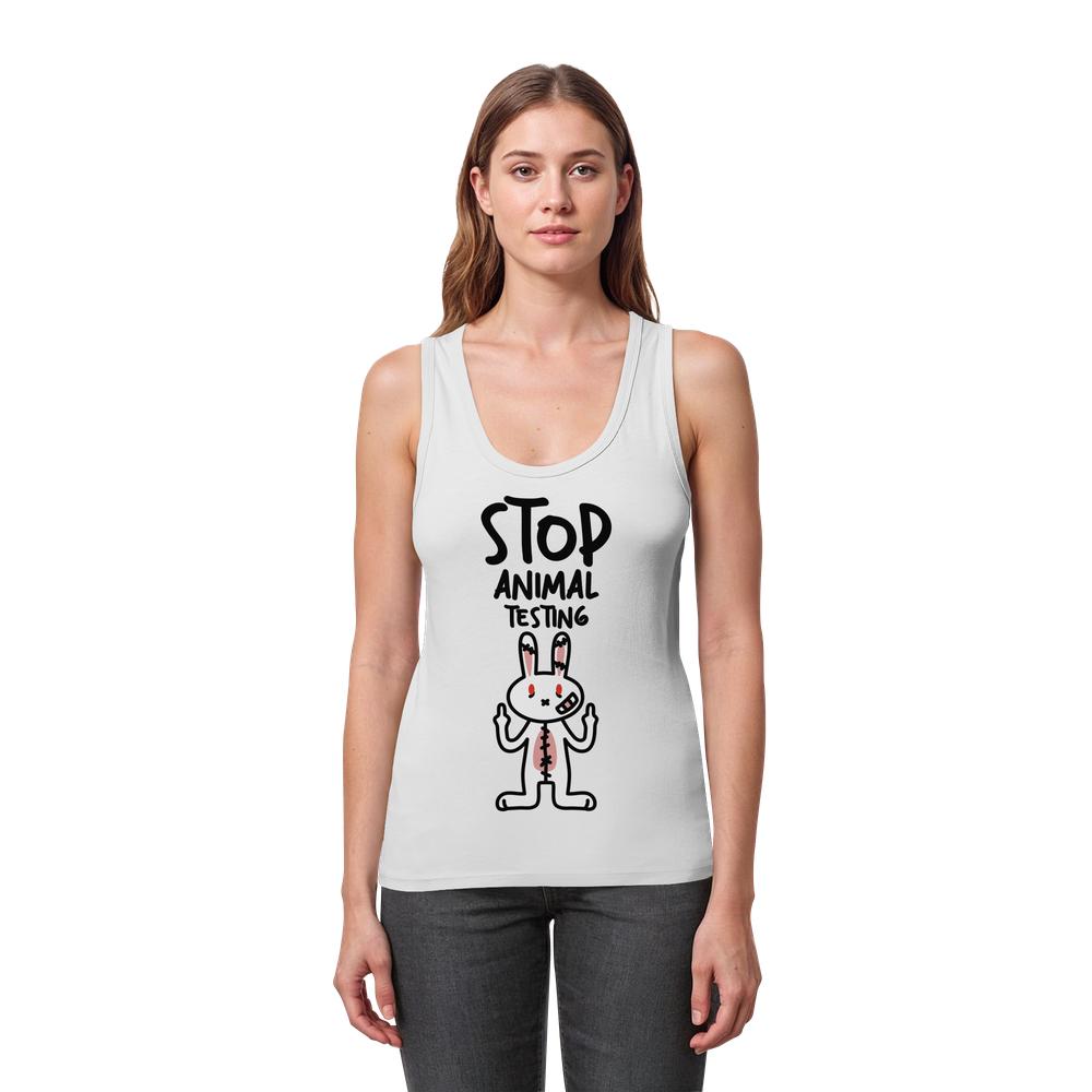 Damen-Top ohne Ärmel, hellgrau meliert, U-Ausschnitt, Aufdruck „Stop Animal Testing“