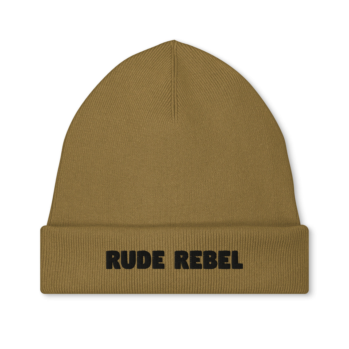 Bestickte Vegan- und Bio-Mütze in Ocker mit „RUDE REBEL“-Schriftzug vorn