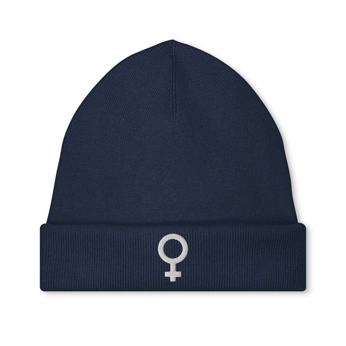 Vegane Bio-Mütze aus Strick in Navy, bestickt mit Feminismus-Frauensymbol
