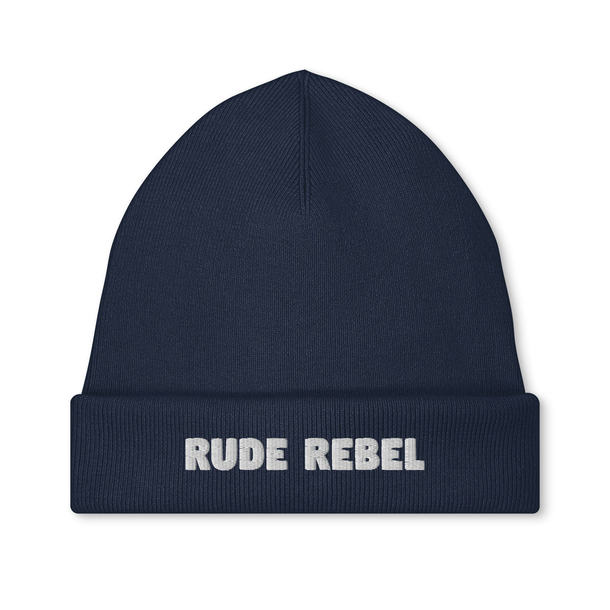 Bestickte Vegan- und Bio-Mütze in Dunkelblau mit „RUDE REBEL“-Schriftzug vorn