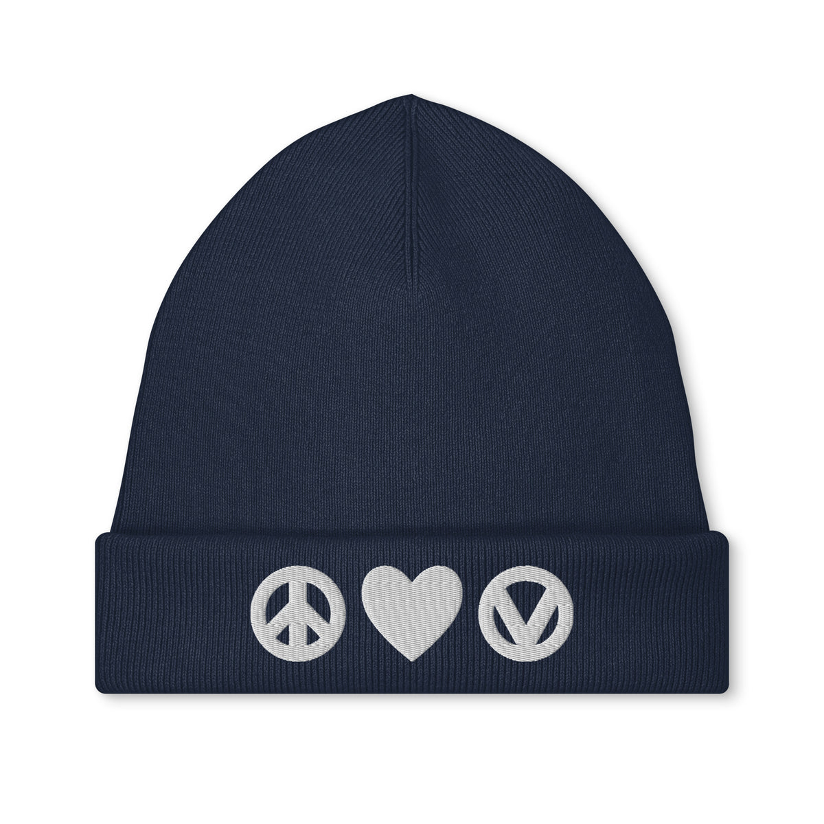 Strickmütze mit Stickerei, dunkelblaue Mütze mit Peace-, Herz- und Vegan-Symbolen