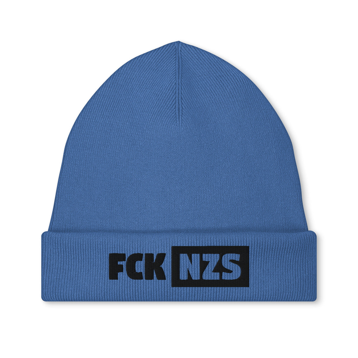 Bestickte Mütze, hellblaue Strickmütze mit Schriftzug „FCK NZS“ am Umschlag