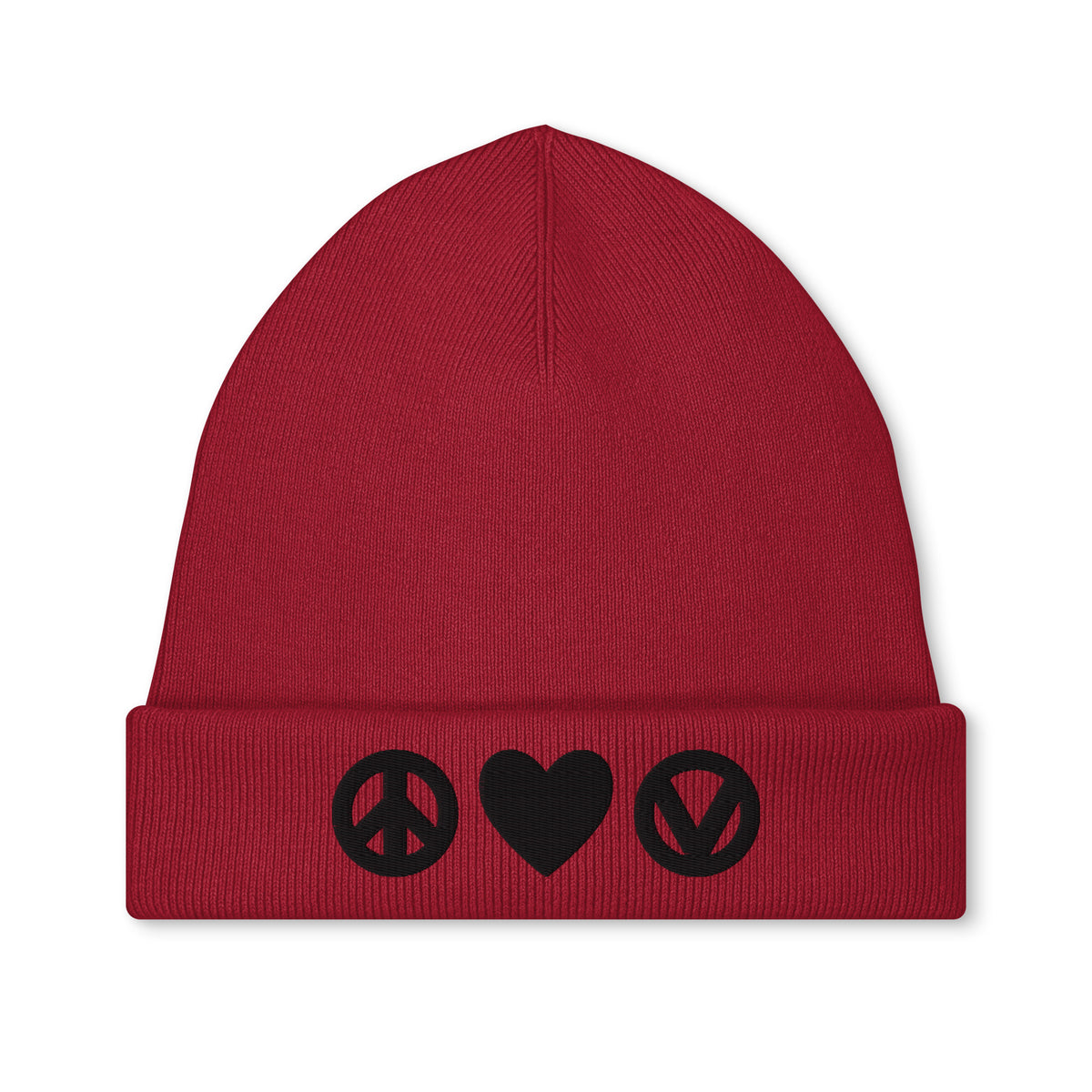 Strickmütze mit Stickerei, rote Mütze mit Peace-, Herz- und Vegan-Symbolen