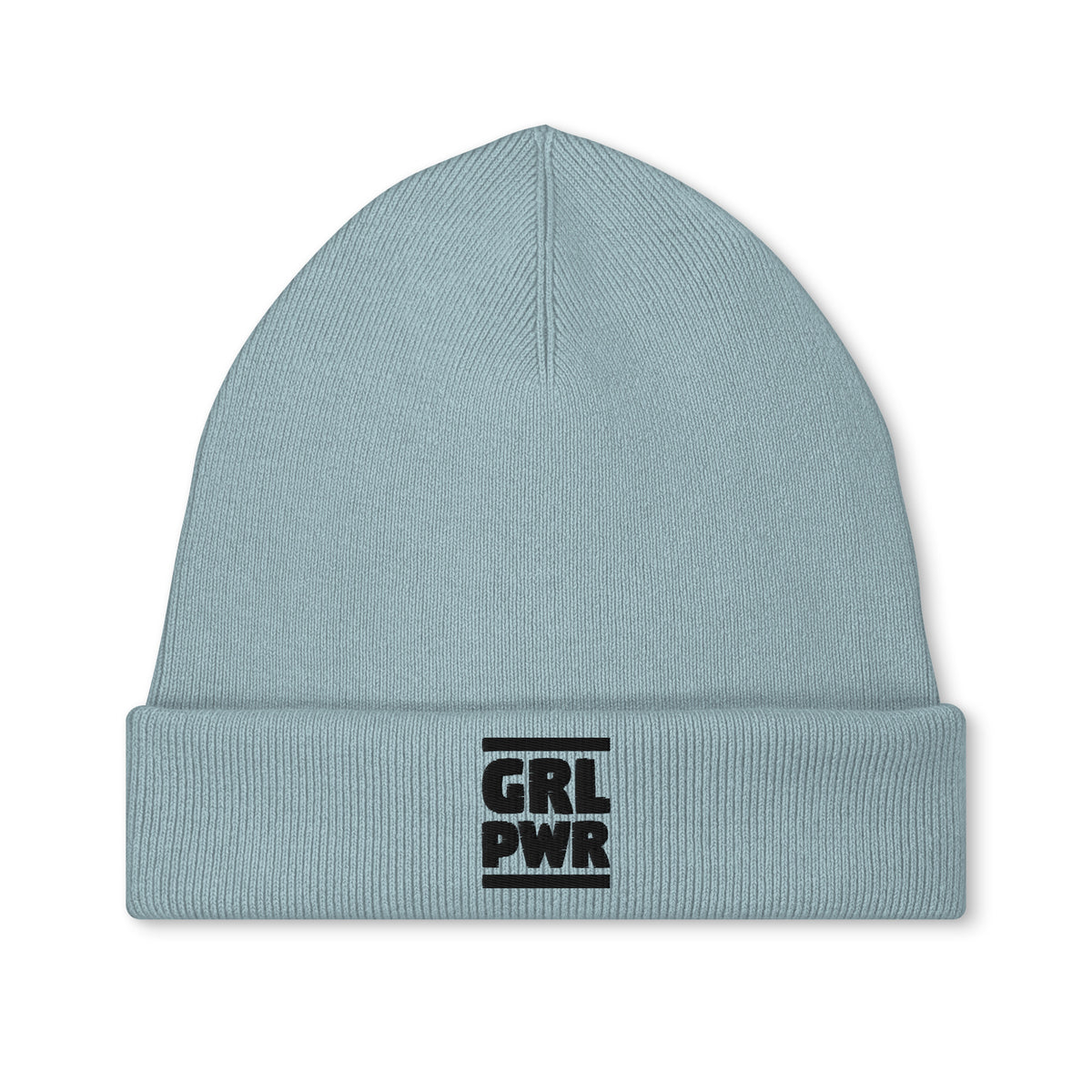Vegane Bio-Mütze, hellblaue Strickmütze mit Aufnäher „GRL PWR“