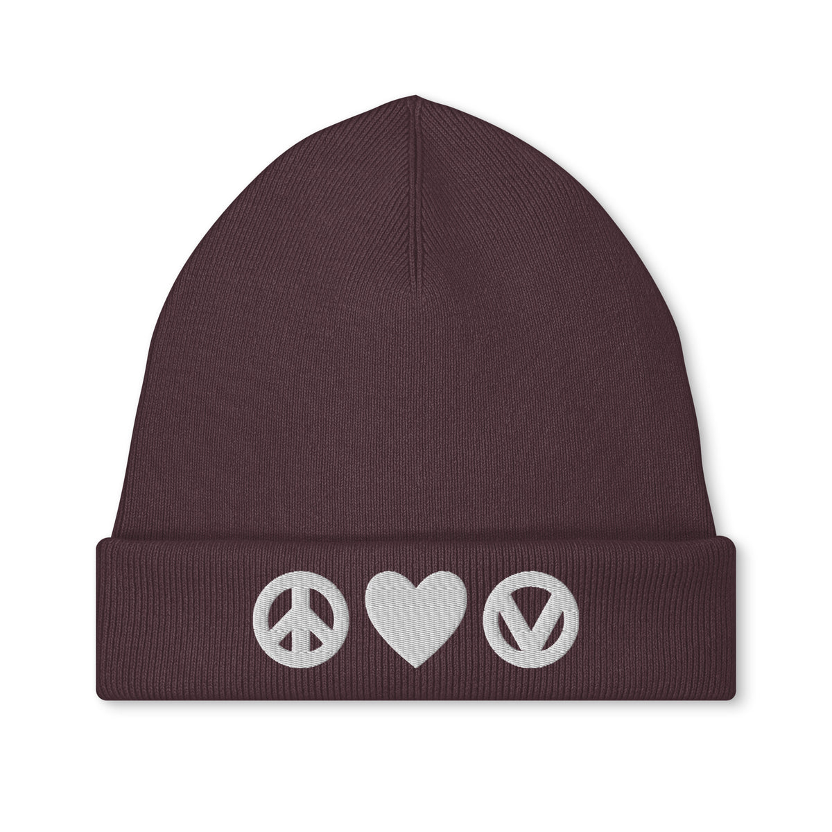 Strickmütze mit Stickerei, dunkelrote Mütze mit Peace-, Herz- und Vegan-Symbolen
