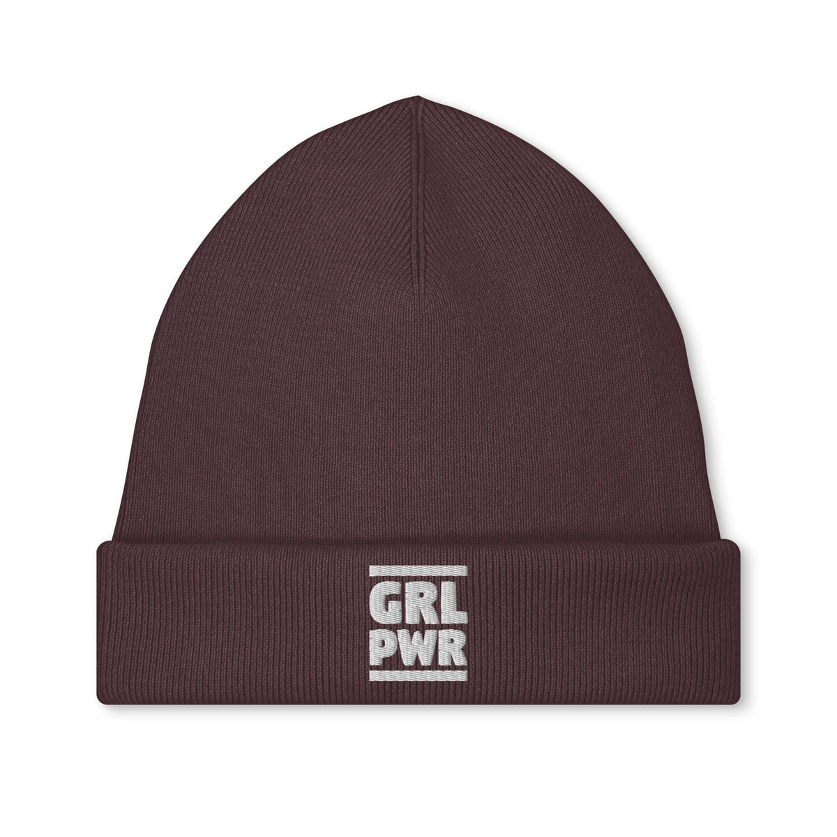 Vegane Bio-Mütze, dunkelrote Strickmütze mit Aufnäher „GRL PWR“