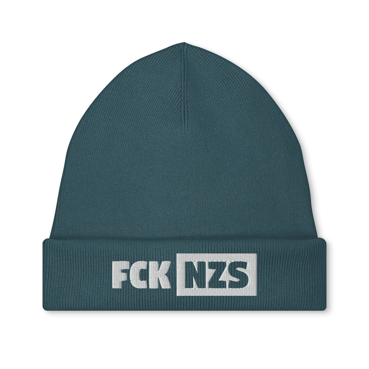 Bestickte Mütze, türkisgrüne Strickmütze mit Schriftzug „FCK NZS“ am Umschlag