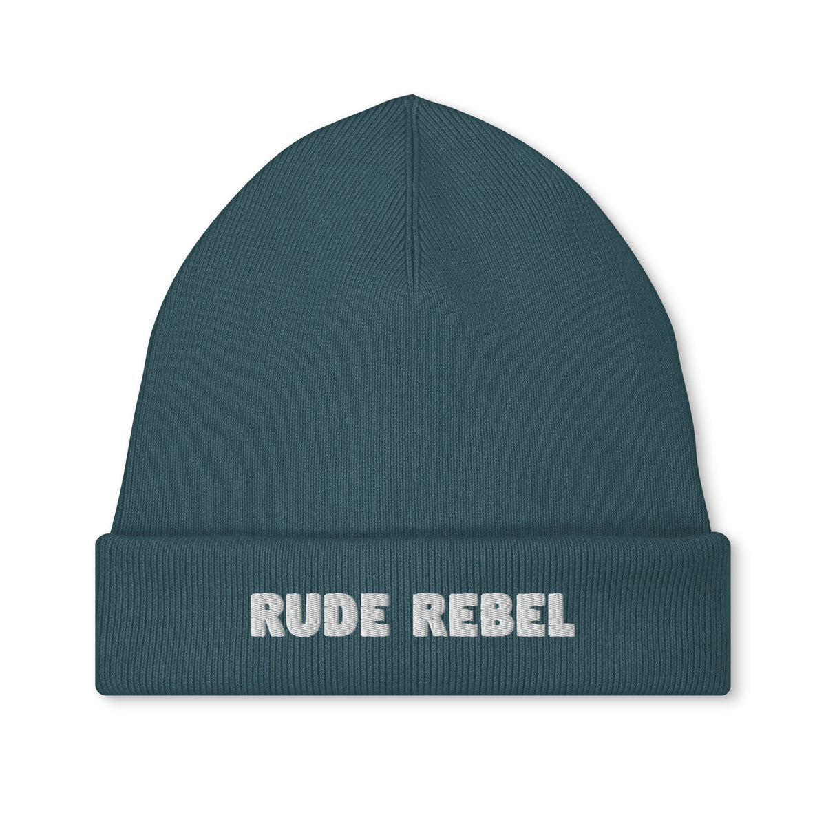Bestickte Vegan- und Bio-Mütze in Petrol mit „RUDE REBEL“-Schriftzug vorn
