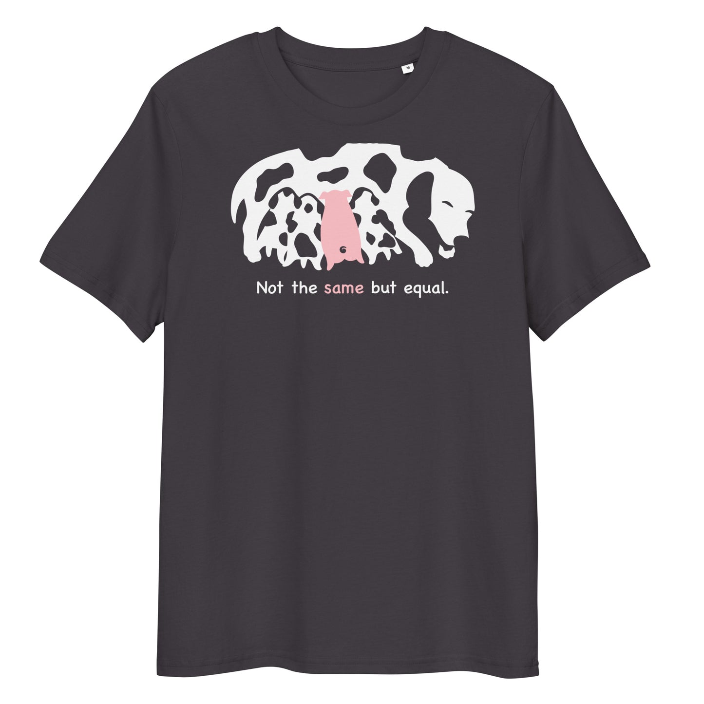Dunkelgraues Bio-Baumwoll-T-Shirt mit weißem Kuh- und rosa Ferkel-Print sowie dem Schriftzug Not the same but equal.